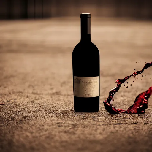 Image similar to wine bottle hitting the floor, bottom part explode into pieces letting the wine escape but bottle upper part remain clean, clear view on the label, cinematographic realistic look