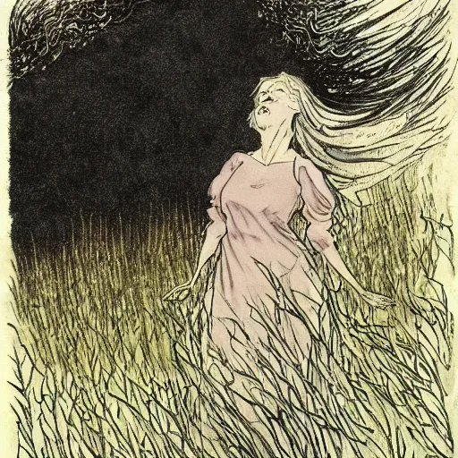 Prompt: The illustration depicts a woman standing in a field of ashes, her dress billowing in the wind. Her hair is wild and her eyes are closed, and she seems to be in a trance-like state. The illustration is dark and atmospheric, and the ashes in the field seem to be almost alive, swirling around. by Charles Vess hyperdetailed