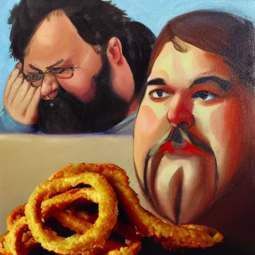 Prompt: a stack of onion rings, next to a fat bearded balding man, oil painting