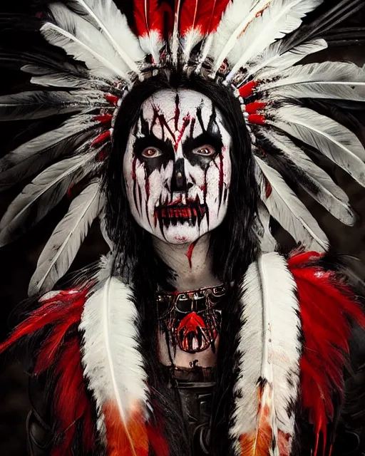 Image similar to lady native sisters ghost - spirit of the grim - warpaint wears the scarlet skull armor and native blood headdress feathers, midnight fog - mist!, dark oil painting colors, realism, cinematic lighting, various refining methods, micro macro autofocus, ultra definition, award winning photo, photograph by ghostwave - gammell - giger - shadowlord