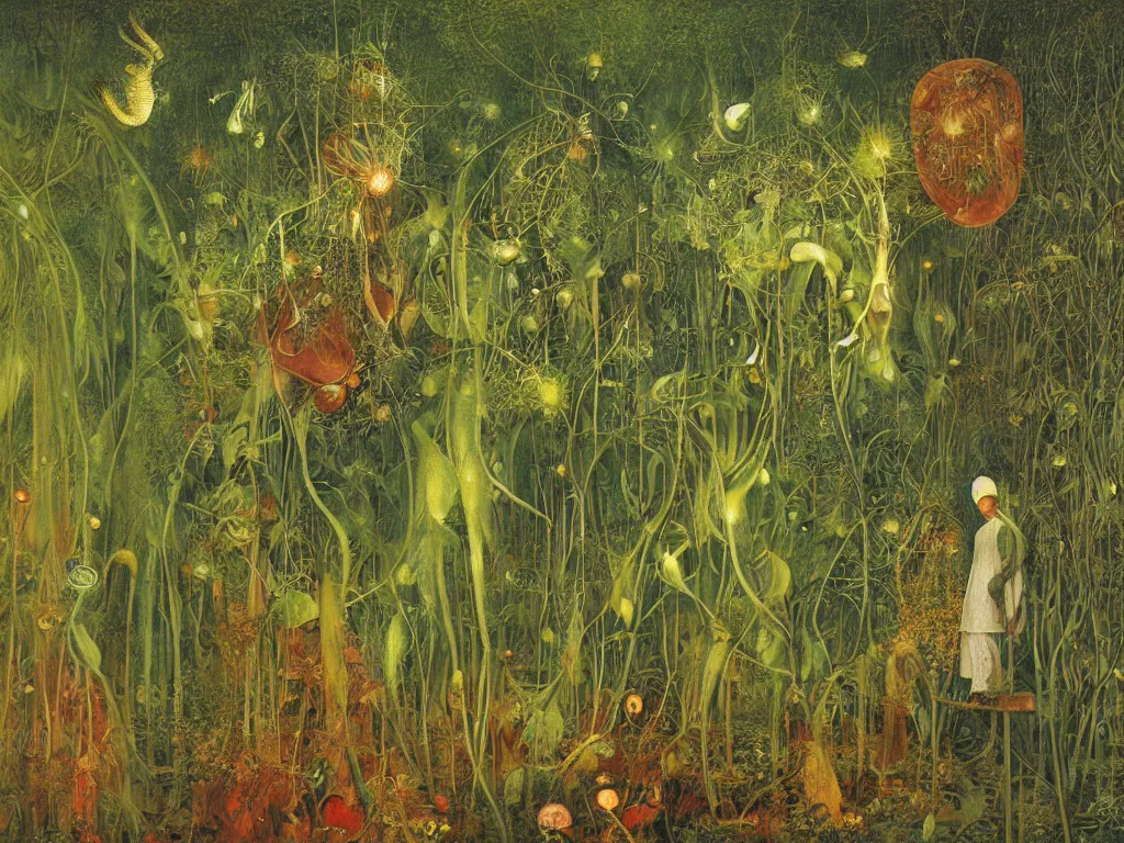 Image similar to botanist in white beekeeper suit lost among the carnivorous plants with fireflies and devil creatures. painting by mikalojus konstantinas ciurlionis, bosch, max ernst, agnes pelton, rene magritte