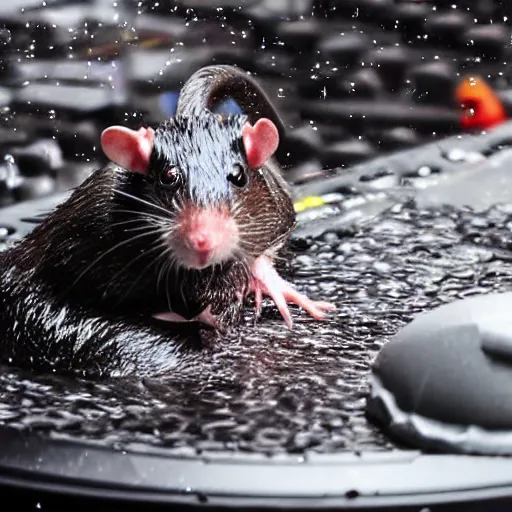 Prompt: a wet rat on stage in front of thousands of people djing sad anime music