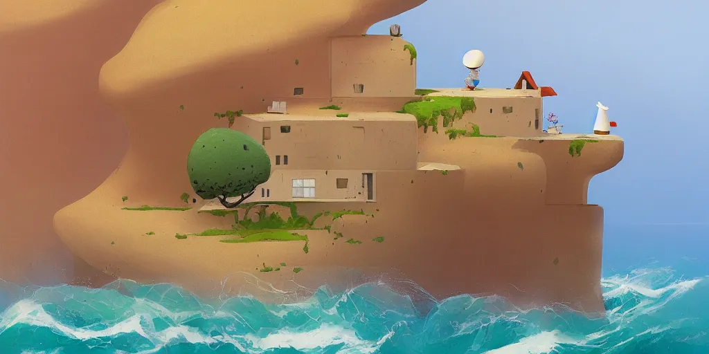 Image similar to a house on a cliff by the ocean by goro fujita