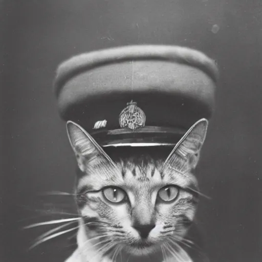 Image similar to A cat wearing a Pickelhaube, WWI, black and white photography, film grain, f 1.8