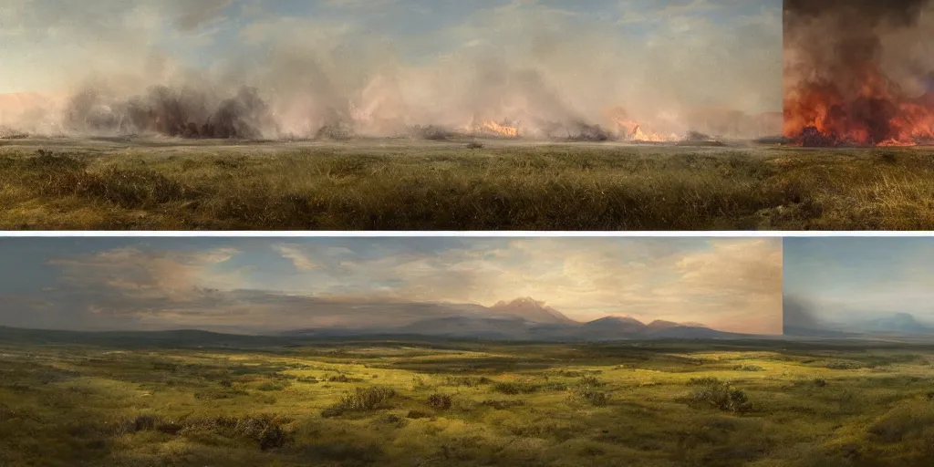 Prompt: two completly different landscapes divided exaclty in the horizontal middle by a mysterious force, one landscape on the left with a lot of fire and burned ground and no life and burning sky and on the right the completly opposite landscape with a lot flora and fauna and trees and blue sky and green ground with lots of gras and animals, hyperrealistic, high quality, 4k, ultra detailed