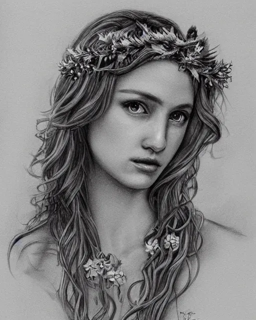 Image similar to pencil drawing of a beautiful greek goddess aphrodite wearing a laurel wreath and arrowhead earrings, beautiful confident eyes, beautiful flowing hair, hyper realistic face, in the style of artgerm, fantasy, amazing detail, epic, elegant, smooth, sharp focus, from the front, long shot