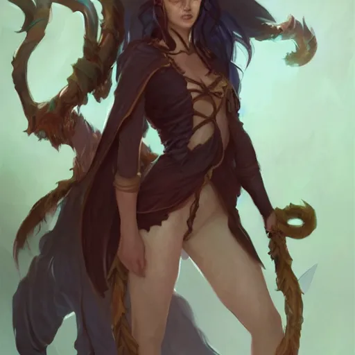 Image similar to Cute Tiefling Druid with tiefling tail D&D, fantasy, full body portrait, highly detailed, digital painting, artstation, concept art, sharp focus, illustration, by greg rutkowski and alphonse mucha