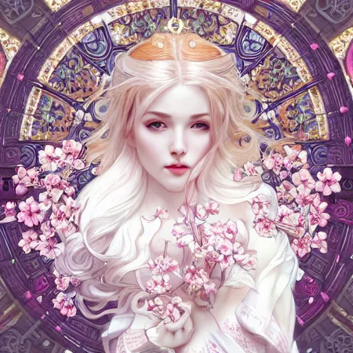 Image similar to a photograpic portrait of a anthropomorphic cherry-blossom wearing white clothes, fantasy, intricate, elegant, highly detailed, digital painting, artstation, concept art, smooth, sharp focus, illustration, art by artgerm and H R Giger and alphonse mucha