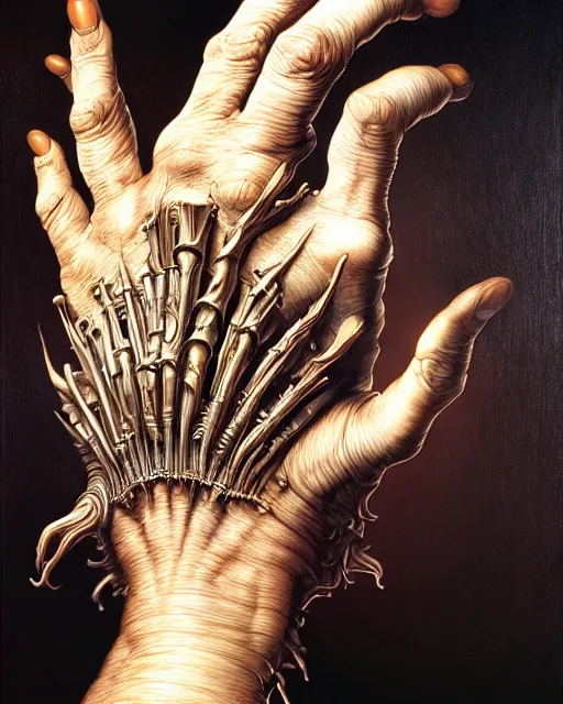 Prompt: human hand fantasy characture portrait, ultra realistic, cinematic, cinematic, wide angle, intricate details, cyborg, highly detailed by caravaggio, aaron horkey, boris vallejo, wayne barlowe, craig mullins, roberto ferri
