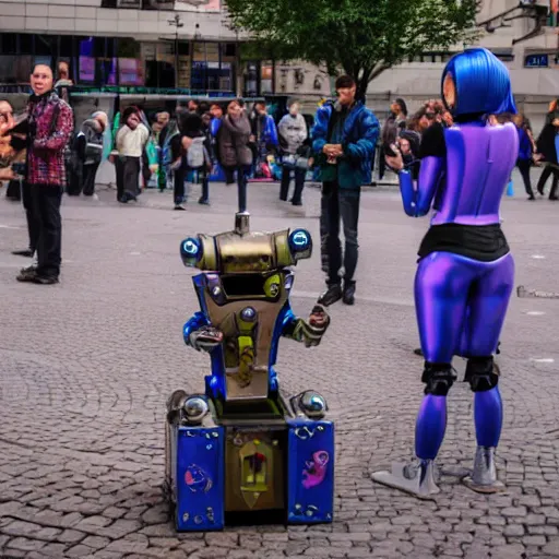 Image similar to a futuristic cyberpunk jester robot entertaining a crowd on a small box in the middle of the city square