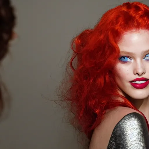 Image similar to A beautiful portrait of Emily Didonato smiling as Poison Ivy from Batman at Chanel & maybelline fashion show as a model Spring/Summer 2018, highly detailed, in the style of cinematic, Milan fashion week backstage, Extreme close up, Makeup by Pat McGrath, Hair by Guido Palau, Greg rutkowski