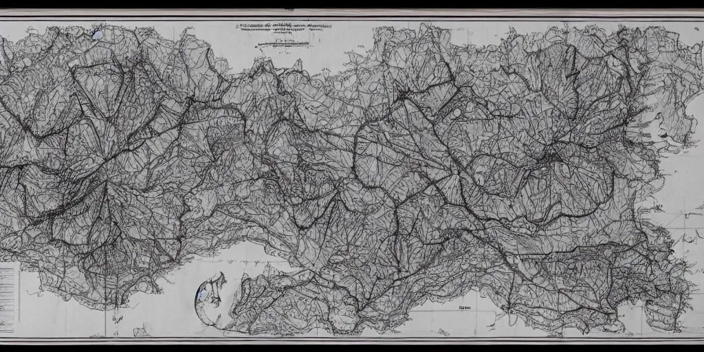 Prompt: technical drawing of dolomites and tyrolean folklore masks, multiple layers, detailed map, notes, roadmap, stylized, blueprint, black and white, old, erosion