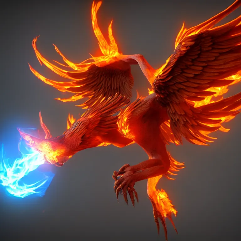 Prompt: phoenix with with flamimg wings, 3 d render, 3 d rendered, hdr, unreal engine 5, ray tracing, dynamic lighting, flame colors, high detail,