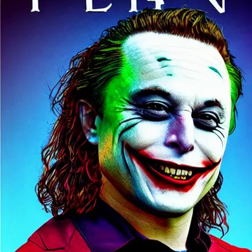 Prompt: elon musk as the joker. correct makeup. film poster.