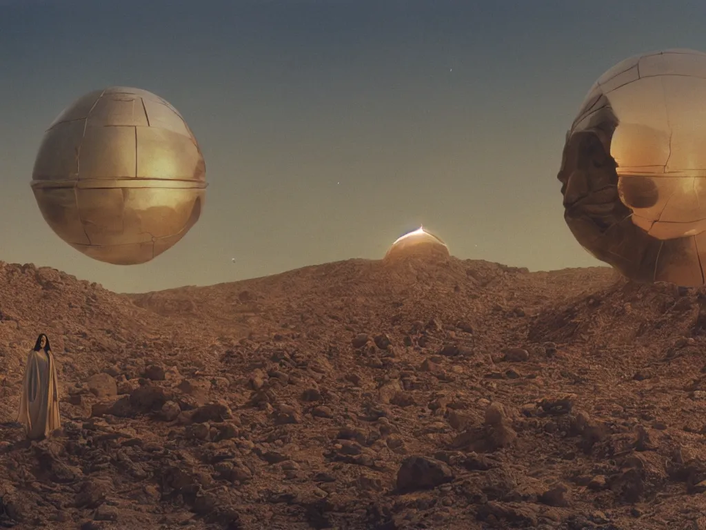 Image similar to glowing bene gesserit in full - face golden mask in a dry rocky desert landscape with abandoned city beneath the sand and giant alien spaceship in the sky attacks the earth, giant mirrors by christopher doyle and alejandro jodorowsky, anamorphic lens, kodakchrome, cinematic composition, very detailed photo, 8 k,