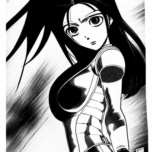 Image similar to alita by yukito kishiro. medium shot. black and white manga. pencil drawing.