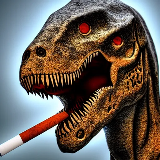 Image similar to dinosaur smoking a cigarette in their mouth realistic hdr professional shot