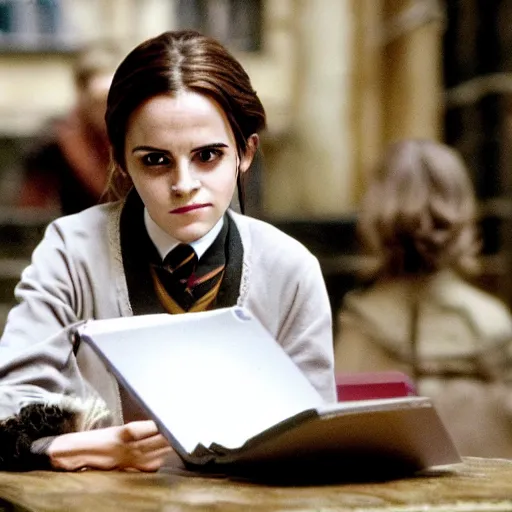 Image similar to Still from Harry Potter movies, Emma Watson using a computer during school