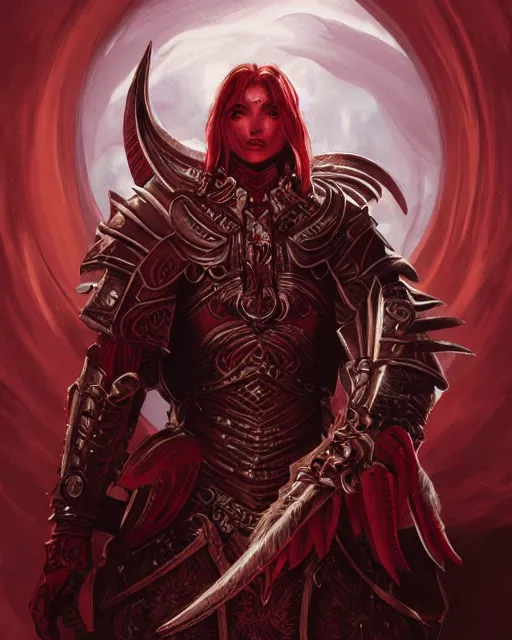 Image similar to Portrait of a Fantasy crimson knight, moonlit, HD, illustration, epic, D&D, fantasy, intricate, elegant, highly detailed, digital painting, artstation, concept art, smooth, sharp focus, illustration, art by artgerm and greg rutkowski and alphonse mucha, monster hunter illustrations art book