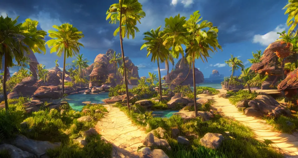 Image similar to An epic fantasy style painting of a sunny tropical paradise, unreal 5, DAZ, hyperrealistic, octane render, volumetric clouds dynamic lighting