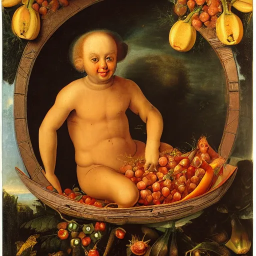 Image similar to a boy sitting in a tub full of tomato sauce, the moon is made by bananas, by giuseppe arcimboldo, renaissance, portrait, fruit, detailed oil paint, high definition