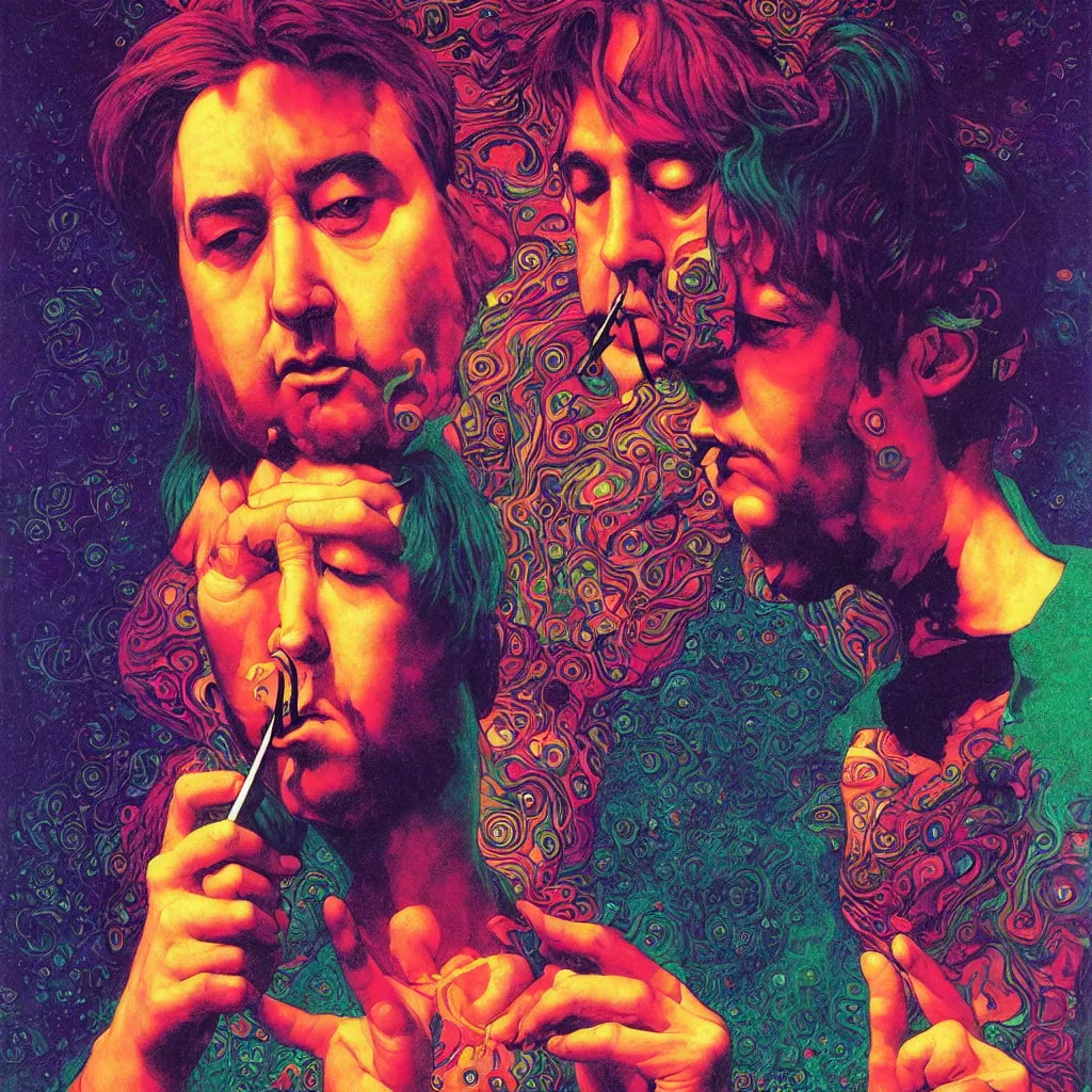 Image similar to psychedelic portrait of bill hicks smoking, vivid colors, neon, art by ( ( ( kuvshinov ilya ) ) ) and wayne barlowe and gustav klimt and artgerm and wlop and william - adolphe bouguereau