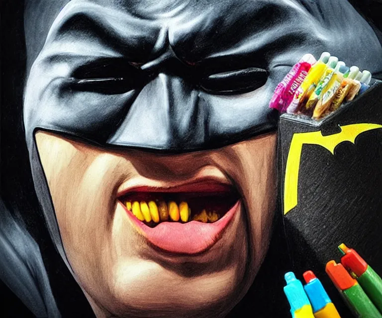 Image similar to “ sad batman crying and snacking on crayons from the box, deformed, disfigured photorealistic, hyperrealism, highly detailed, pixar ”