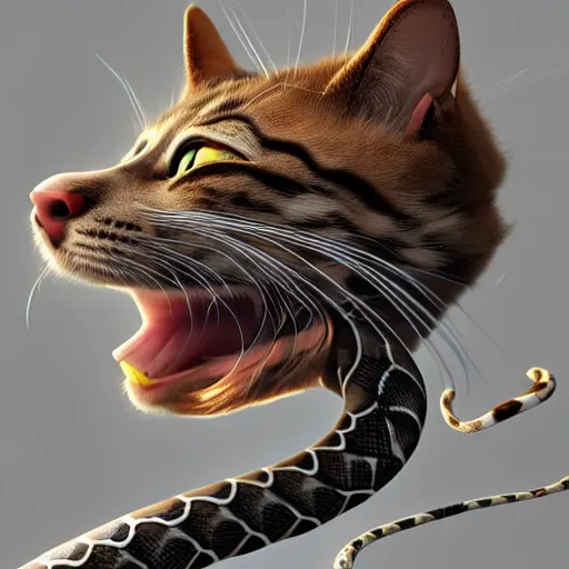 Image similar to a fusion of a cat and a snake, hyperdetailed, artstation, cgsociety, 8 k