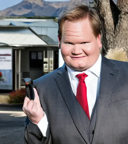 Image similar to Andy Richter is dressed in a black suit and a red necktie and riding a motorcycle into a studio lot. The studio lot is filled with Soundstages and movie trailers. It is a bright afternoon and overcast.