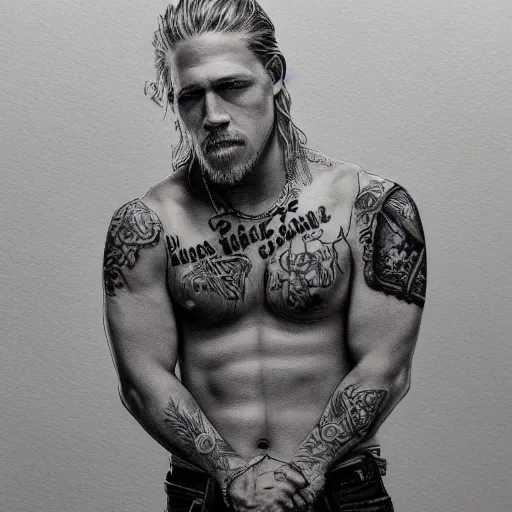 prompthunt Photorealistic half body Portrait of Jax Teller as a very  attractive muscular biker all his skin covered by flowers elvish symbols  and and dark grim themed tattoos surrounded by magic lightings