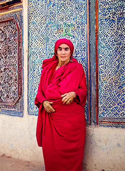 Prompt: Mid-shot portrait of a beautiful 60-year-old woman from Morocco, wearing traditional clothes, candid street portrait in the style of Martin Schoeller detailed, award winning, Sony a7R
