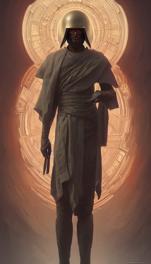 Prompt: full body Character design of a scifi religious monk with helmet, symmetrical, center punched, Archviz, elegant, intricate, digital painting, artstation, concept art, smooth, sharp focus, illustration, art by artgerm and greg rutkowski and alphonse mucha