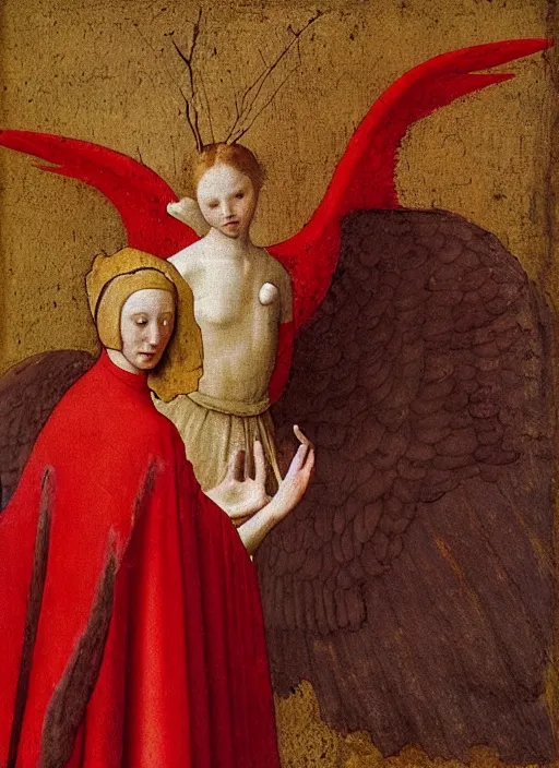 Image similar to Flying Fallen Angel with wings dressed in red, Medieval painting by Jan van Eyck, Johannes Vermeer, Florence