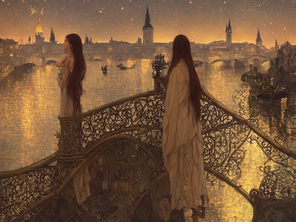 Prompt: a girl watching from the river of a city resembling prague, paris, and venice at night with the sky full of stars, intricate, elegant, highly detailed, digital painting, artstation, concept art, smooth, sharp focus, colored illustration for tattoo, art by krenz cushart and artem demura and alphonse mucha,