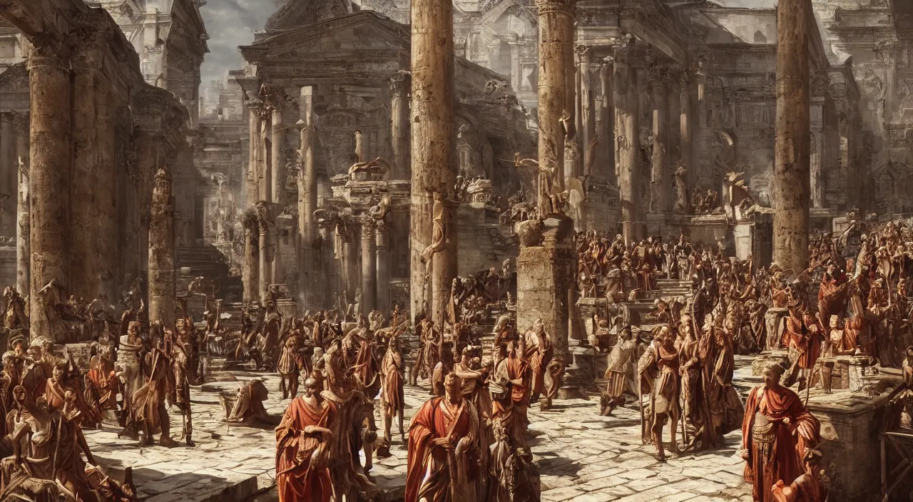 Prompt: kingdom of Julius Caesar in his time, in good condition, roman historic works, hyper-detailed, artstation trending, world renowned artists, historic artworks society, antique renewel, good contrast, realistic color ,cgsociety, by greg rutkowski, Deviantart