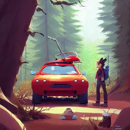 Image similar to goro fujita ilustration hikers parking the car in the forest, painting by goro fujita, characterized by masamune shirow and greg rutkowski, character art, focus, highly detailed, artstation