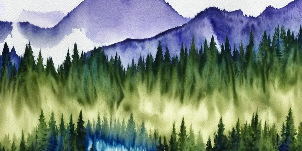 Prompt: watercolor montana mountains painting, white swirls, forest