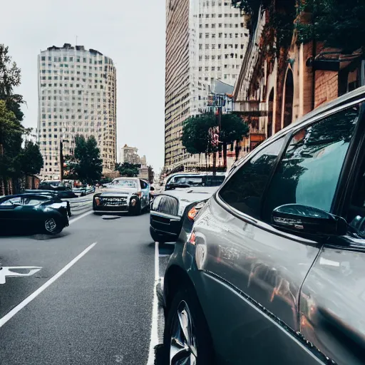 Image similar to a bunch of cars that are sitting in the street, trending on unsplash, stuckism, cityscape, depth of field