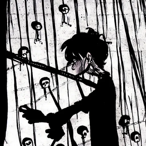 Prompt: person as a marionette being controlled by strings held by depression despair and hatred, illustrated by junji ito