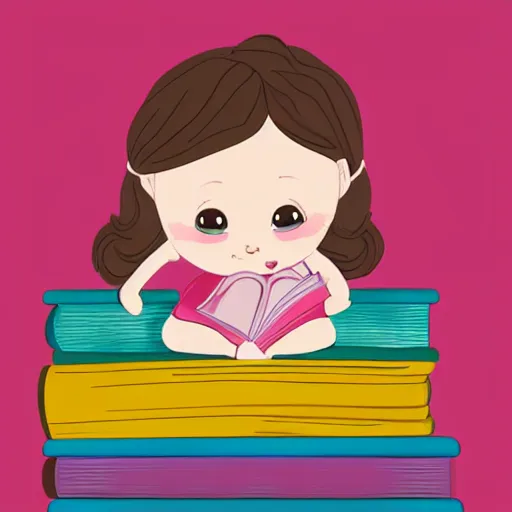 Image similar to a cute little girl with a round cherubic face, blue eyes, and short wavy light brown hair sitting on top of a stack of books. beautiful cartoon painting with flat colors and highly detailed face, outlining, children's storybook