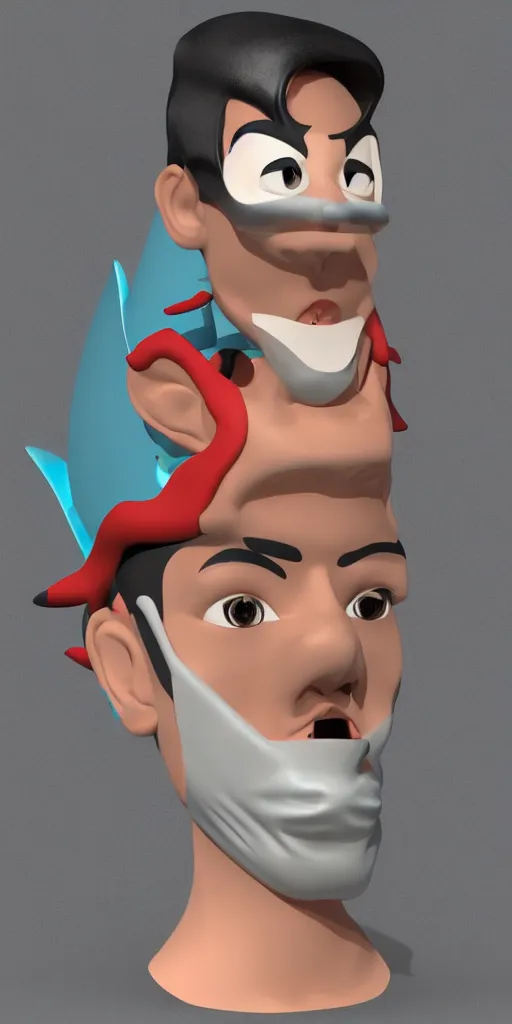 Image similar to 'cartoon concept character in 3d, a young Hispanic guy wearing a cartoon shark cloth facemask'