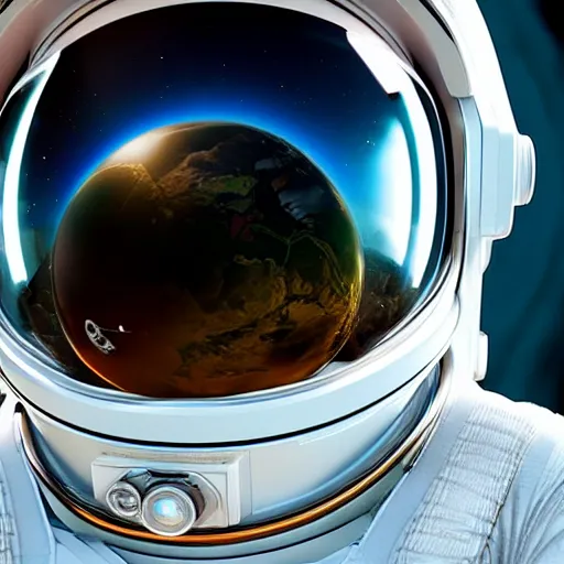 Image similar to astronaut floating in space and he has reflection of earth on his helmet, close view, unreal, cinema 4d render, Ray tracing reflection, simulation,