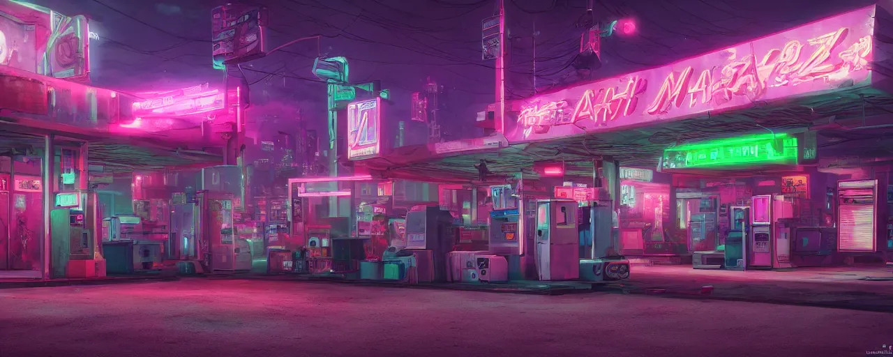 Prompt: a scene from the matrix that takes place in a gas station in the night time, vaporwave aesthetic, neon signs, superliminal 8 k uhd, unreal engine, octane render in the artstyle of finnian macmanus, john park and greg rutkowski