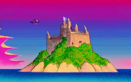 Prompt: an island with a giant castle on top held up by the shell of a giant turtle in the ocean, sunset, drawn by hayao miyazaki, hi res, 4k