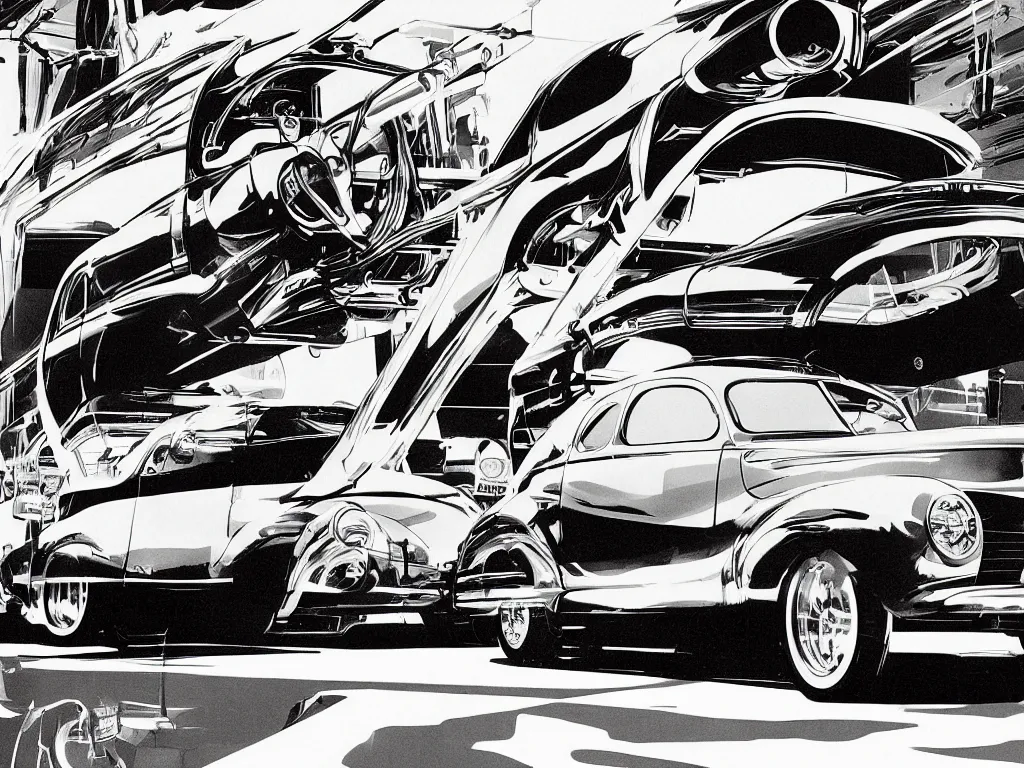 Prompt: illustration of 1 9 4 0 ford coupe illustrated by syd mead