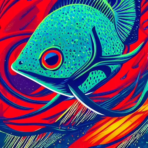 Image similar to one highly stylized fish with saturated colors viewed in profile in the dark ocean filled with complex sparkles and patterns, artstation, intricate, realistic, highly detailed, digital painting, concept art, sharp focus, 1 9 6 0 s, illustration by tom whalen and charles williams and kilian eng and james jean