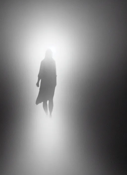 Prompt: a female silhouette walking, astral projection, white glowing aura, out of body, fog, film grain, cinematic lighting