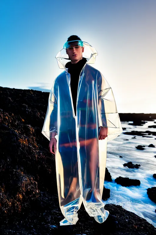 Image similar to an ultra high definition professional high fashion portrait studio full length photograph of a male model wearing a transparent pearlescent raincoat and neon visor planking in an icelandic black rock environment at dawn. no artefacts. extremely detailed. stark. refraction. shallow depth of field. volumetric light and shadow. ray tracing. light rays.