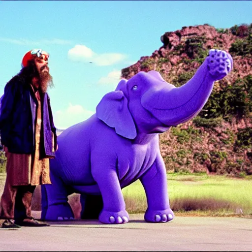 Prompt: the legend of big sir large purple elephant hippo monster, film still