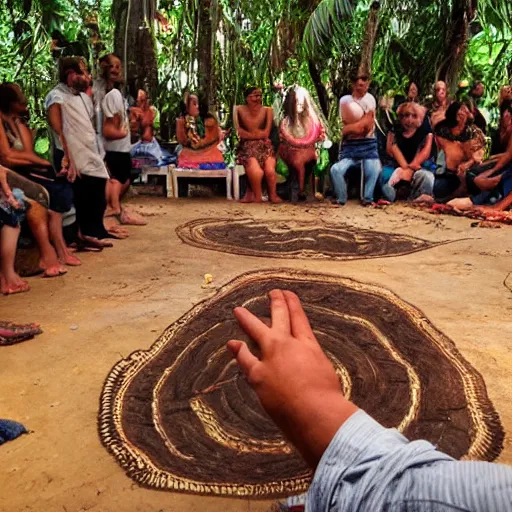 Prompt: an ayahuasca ceremony with a giant reptilian entity hovering over everyone